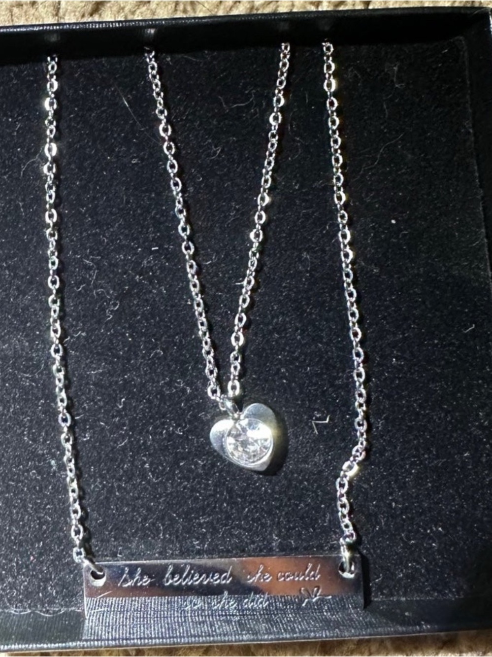 Sterling Silver Heart Pendant and Engraved Bar Necklace Set - Silver